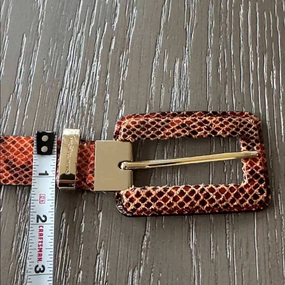 Michael Kors Brown Orange Leather Belt with Gold Tone Buckle Snake Print Size L